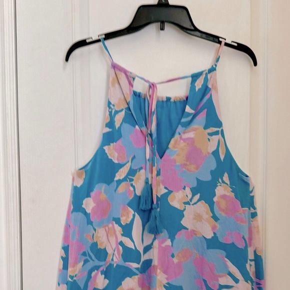 BAHAMA BLUES SUMMER FLORAL DRESS. LINED, MINI LENGTH, HALTER NECKLINE. GREAT CON - Picture 3 of 16